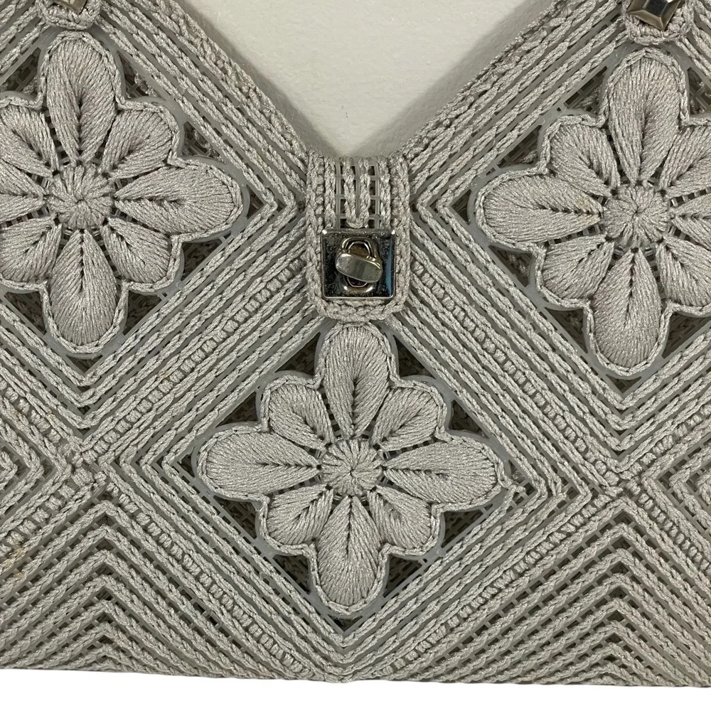 Vintage Handmade Gray Cross Stitch Plastic Canvas Woven Flower Accent Handbag